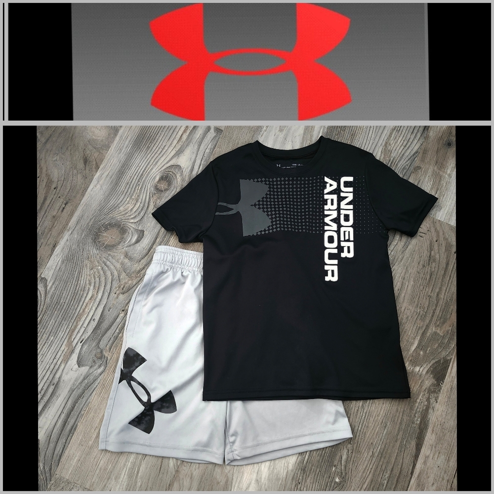 Under Armour black top and light gray shorts outfit, boy's size YSM